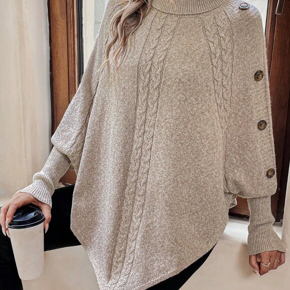 Apricot Casual Women's Turtleneck Batwing Sleeve Button Detail Cable Knit Poncho - Picture 7 of 7